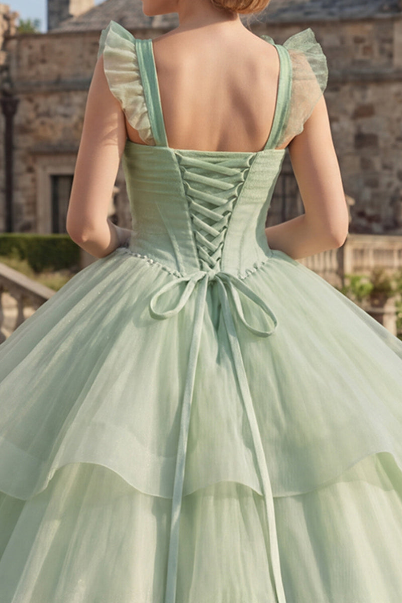 Load image into Gallery viewer, Mint Green Corset Beaded Long Glitter Princess Quinceanera Dress with Ruffles