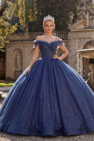 Load image into Gallery viewer, Navy Glitter Off the Shoulder Princess Long Quinceanera Dress with Ruffles
