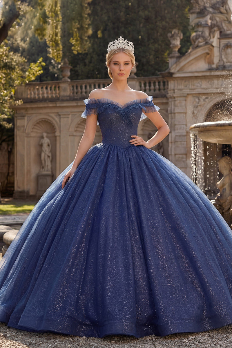 Load image into Gallery viewer, Navy Glitter Off the Shoulder Princess Long Quinceanera Dress with Ruffles