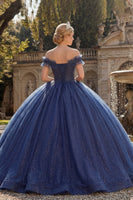 Load image into Gallery viewer, Navy Glitter Off the Shoulder Princess Long Quinceanera Dress with Ruffles