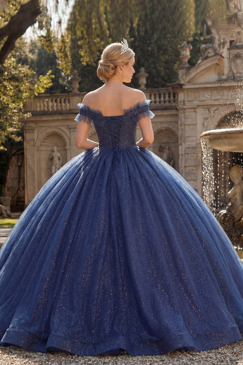 Queendancer Women Navy Tulle Glitter Long Quinceanera Dress with ...