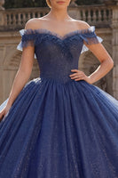 Load image into Gallery viewer, Navy Glitter Off the Shoulder Princess Long Quinceanera Dress with Ruffles