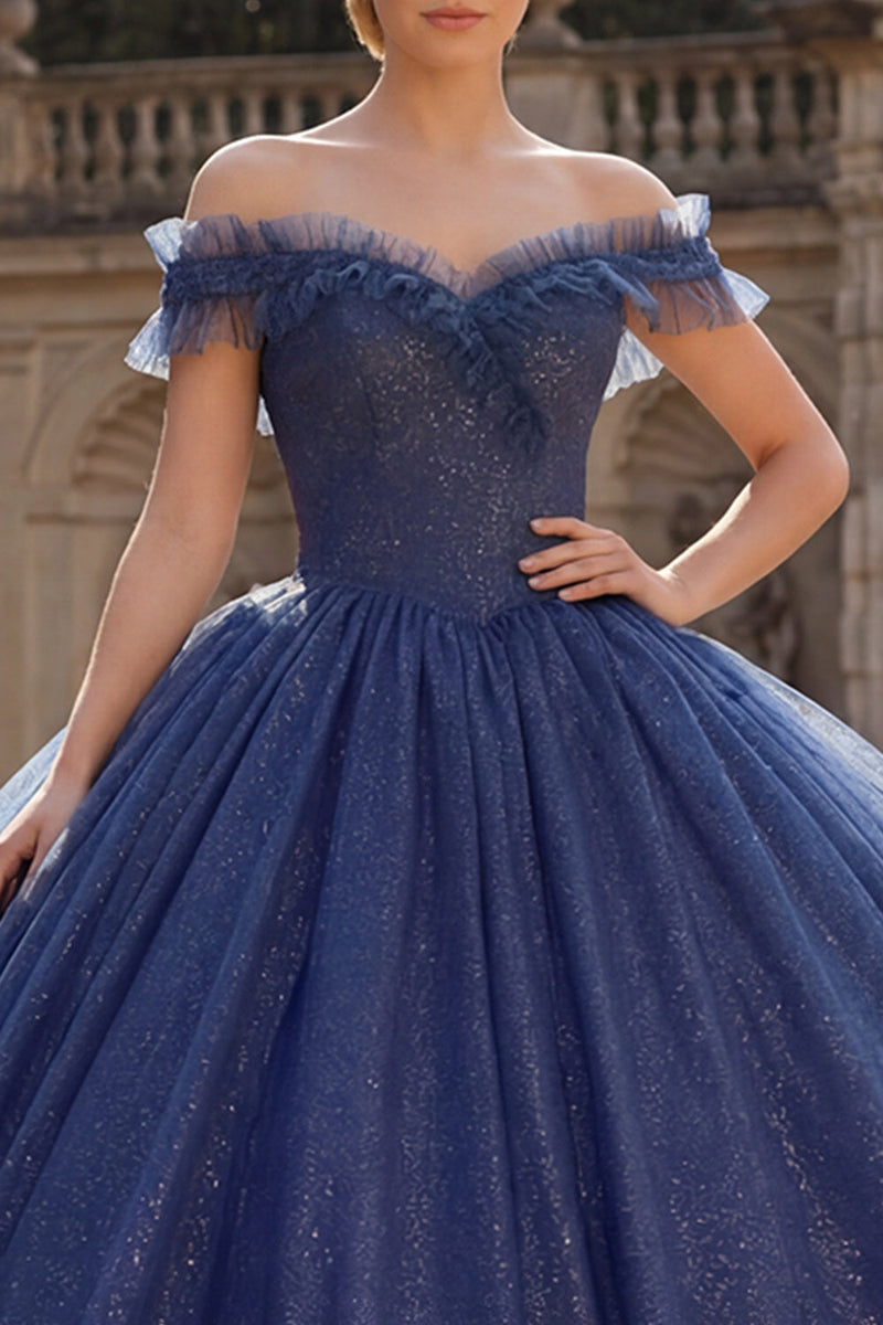 Load image into Gallery viewer, Navy Glitter Off the Shoulder Princess Long Quinceanera Dress with Ruffles