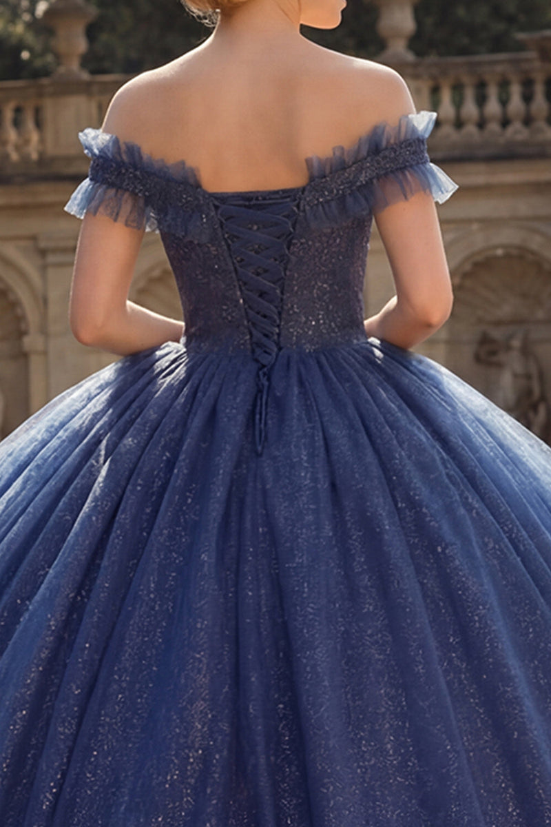 Load image into Gallery viewer, Navy Glitter Off the Shoulder Princess Long Quinceanera Dress with Ruffles