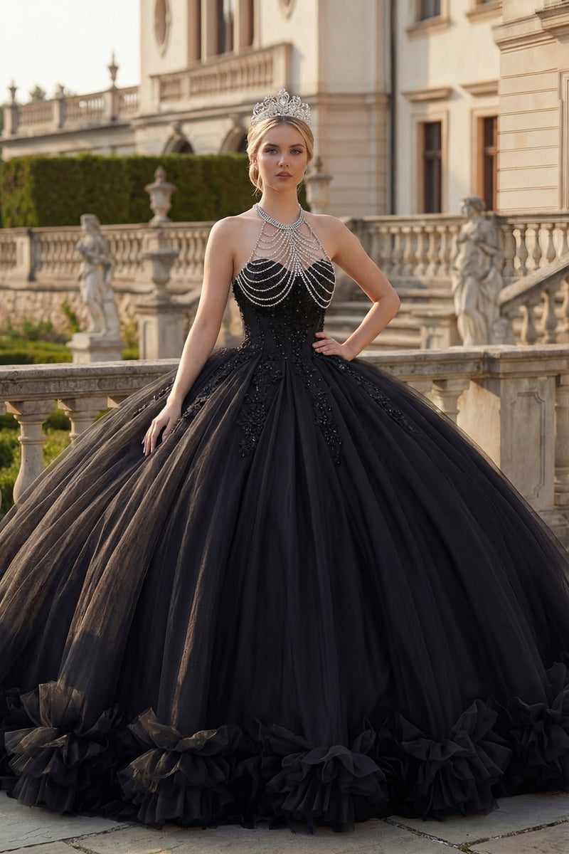 Load image into Gallery viewer, Halter Backless Princess Black Sparkly Long Quinceanera Dress with Beading
