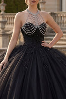 Load image into Gallery viewer, Halter Backless Princess Black Sparkly Long Quinceanera Dress with Beading