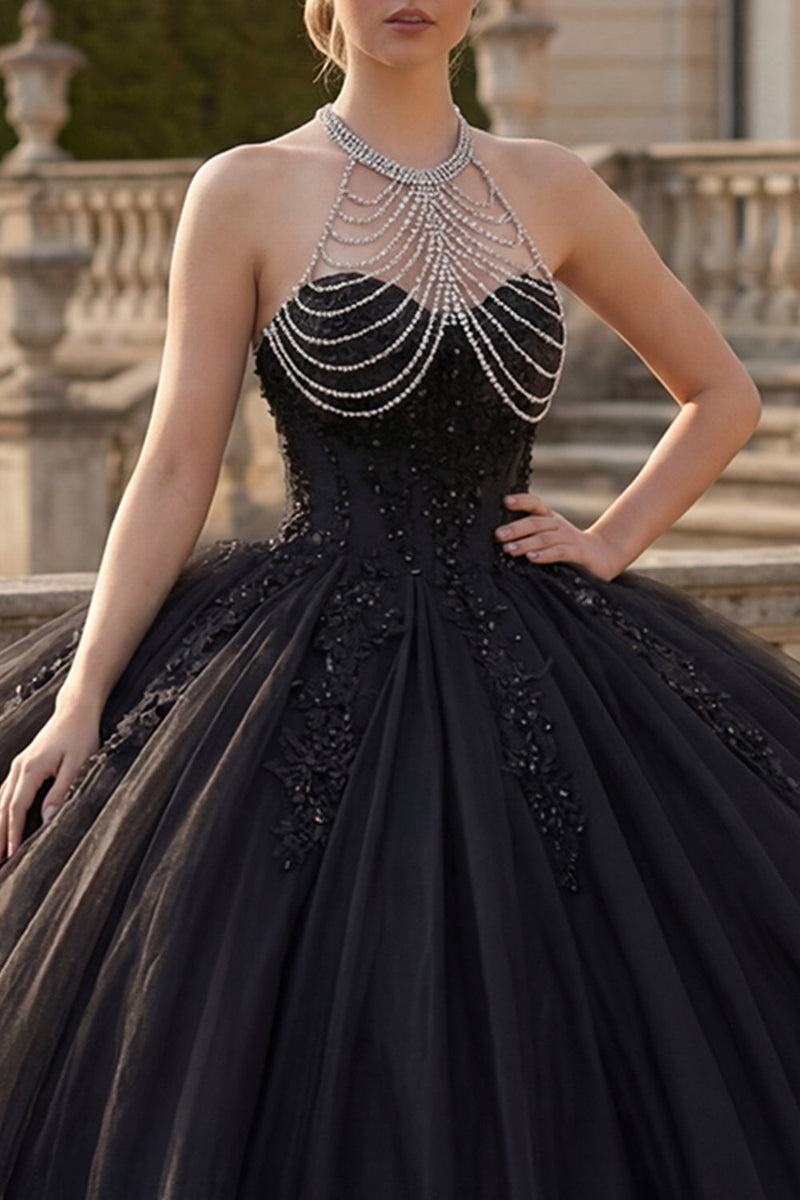 Load image into Gallery viewer, Halter Backless Princess Black Sparkly Long Quinceanera Dress with Beading