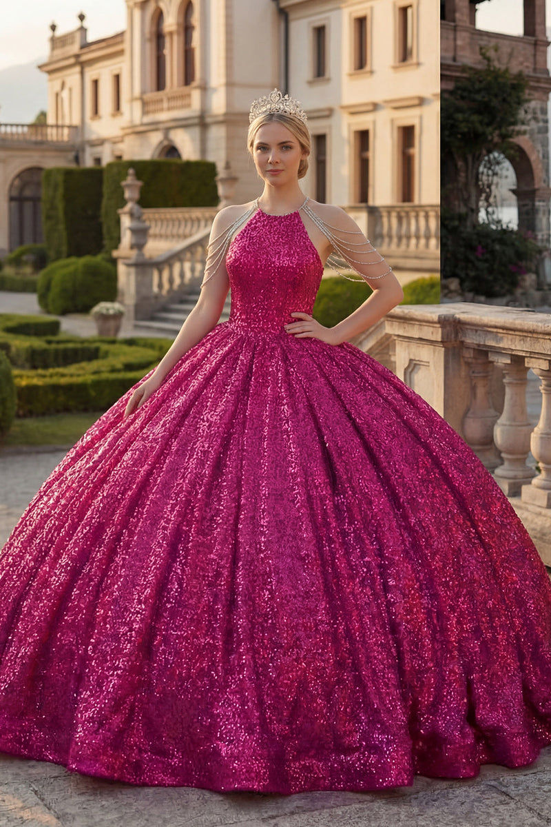 Load image into Gallery viewer, Sparkly Sequin Fuchsia Long Princess Quinceanera Dress with Beading