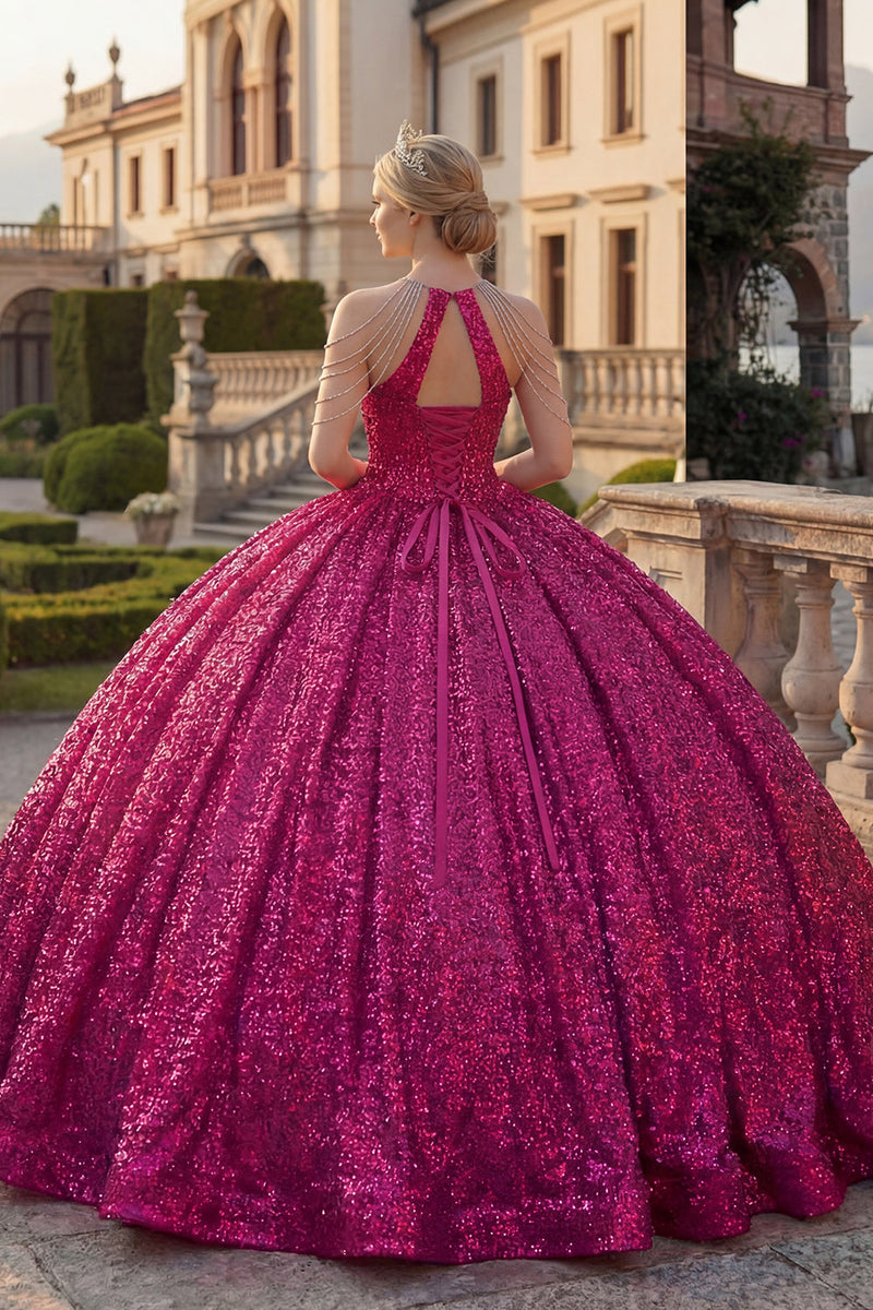 Load image into Gallery viewer, Sparkly Sequin Fuchsia Long Princess Quinceanera Dress with Beading