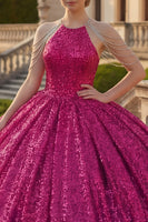 Load image into Gallery viewer, Sparkly Sequin Fuchsia Long Princess Quinceanera Dress with Beading