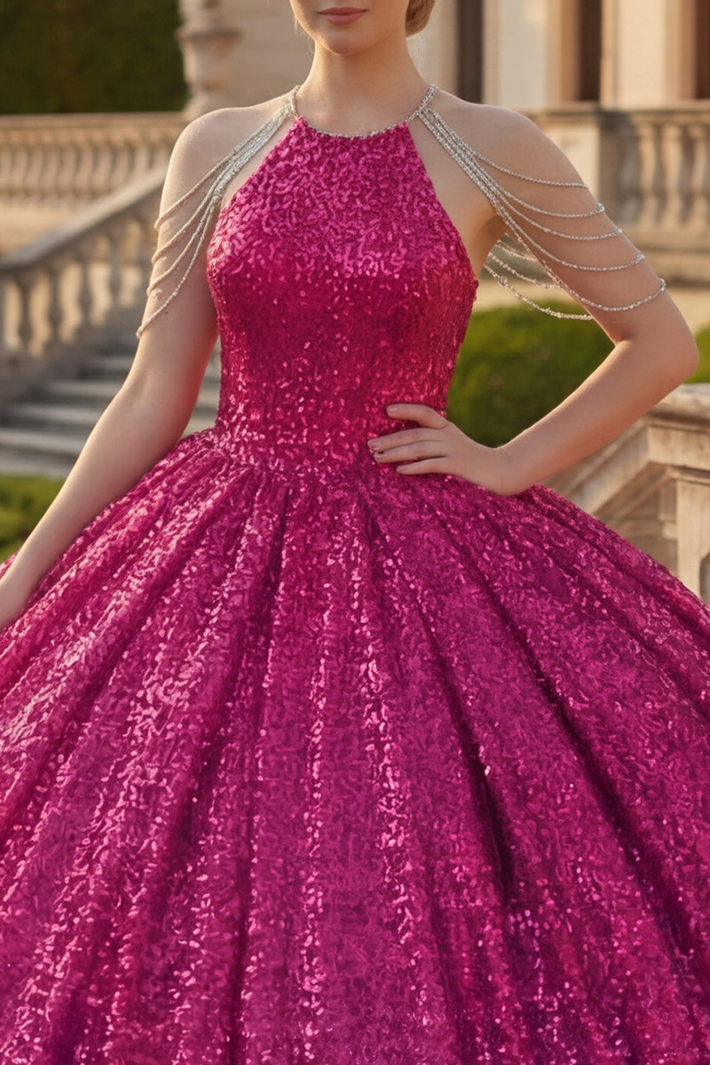 Load image into Gallery viewer, Sparkly Sequin Fuchsia Long Princess Quinceanera Dress with Beading