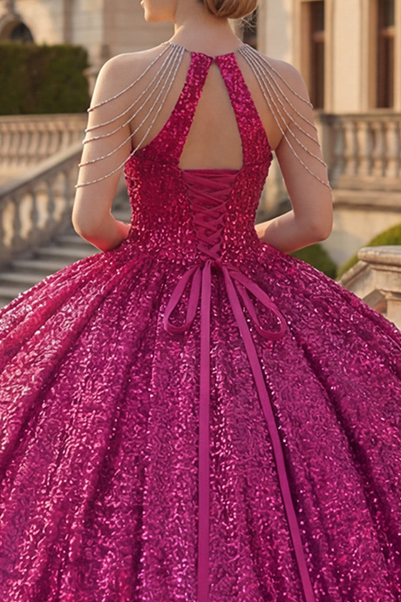 Load image into Gallery viewer, Sparkly Sequin Fuchsia Long Princess Quinceanera Dress with Beading
