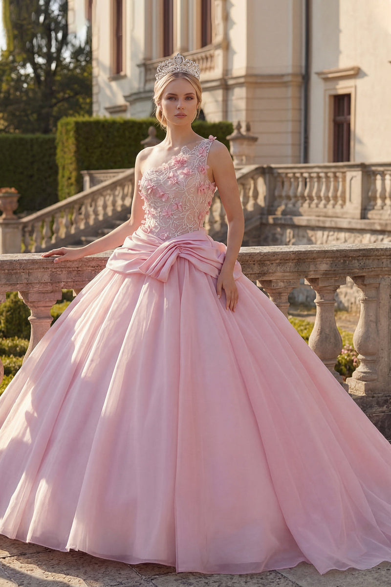 Load image into Gallery viewer, Ruched Pink Floral Princess One Shoulder Long Quinceanera Dress with Beading