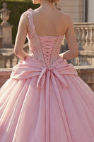 Load image into Gallery viewer, Ruched Pink Floral Princess One Shoulder Long Quinceanera Dress with Beading