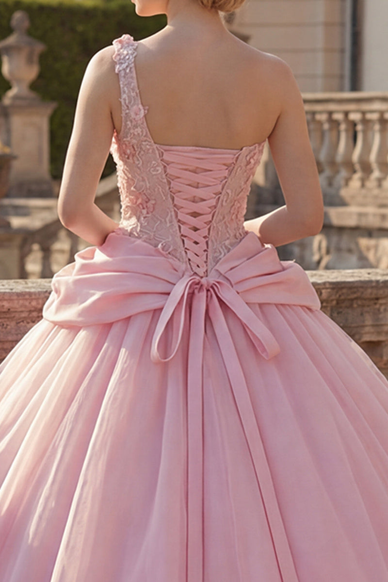 Load image into Gallery viewer, Ruched Pink Floral Princess One Shoulder Long Quinceanera Dress with Beading