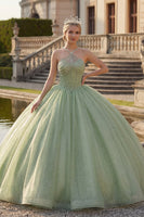 Load image into Gallery viewer, Corset Glitter Mint Green Princess Long Halter Quinceanera Dress with Beading