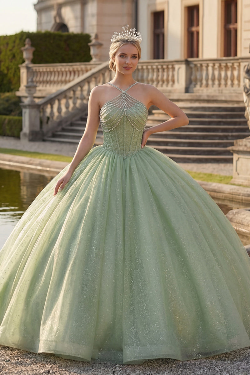 Load image into Gallery viewer, Corset Glitter Mint Green Princess Long Halter Quinceanera Dress with Beading