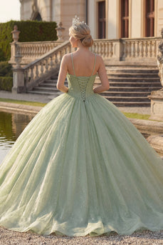 Corset Glitter Mint Green Princess Long Halter Quinceanera Dress with Beading