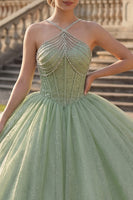 Load image into Gallery viewer, Corset Glitter Mint Green Princess Long Halter Quinceanera Dress with Beading