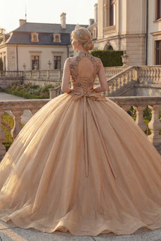 Champagne Floral Princess High Neck Beaded Long Quinceanera Dress with Ruffles