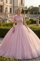 Load image into Gallery viewer, Ruffled Pink Princess Long Glitter Quinceanera Dress with Lace