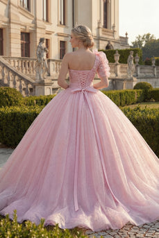 Ruffled Pink Princess Long Glitter Quinceanera Dress with Lace