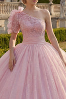 Load image into Gallery viewer, Ruffled Pink Princess Long Glitter Quinceanera Dress with Lace