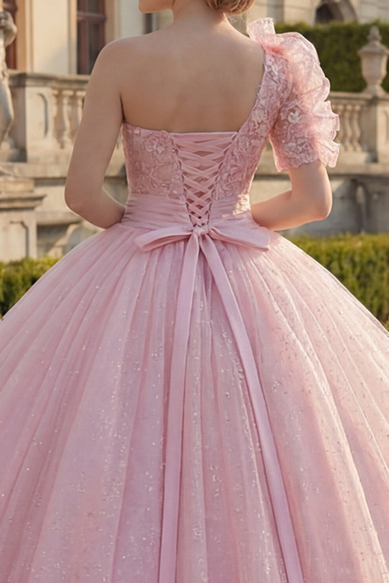 Load image into Gallery viewer, Ruffled Pink Princess Long Glitter Quinceanera Dress with Lace
