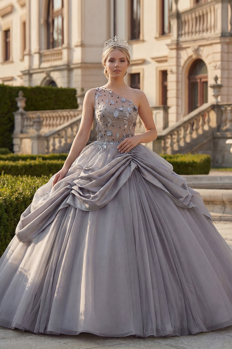 Load image into Gallery viewer, Light Grey Ruched Princess Beaded Long Quinceanera Dress