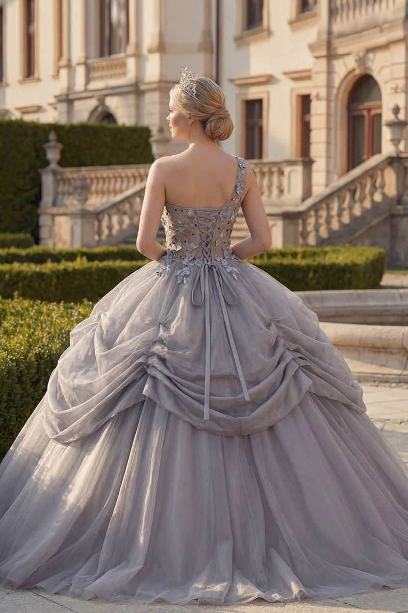Load image into Gallery viewer, Light Grey Ruched Princess Beaded Long Quinceanera Dress