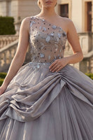 Load image into Gallery viewer, Light Grey Ruched Princess Beaded Long Quinceanera Dress