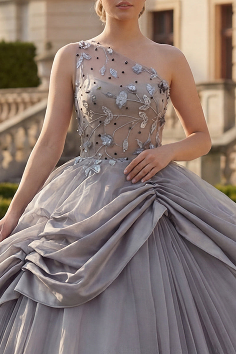 Load image into Gallery viewer, Light Grey Ruched Princess Beaded Long Quinceanera Dress