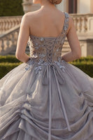 Load image into Gallery viewer, Light Grey Ruched Princess Beaded Long Quinceanera Dress