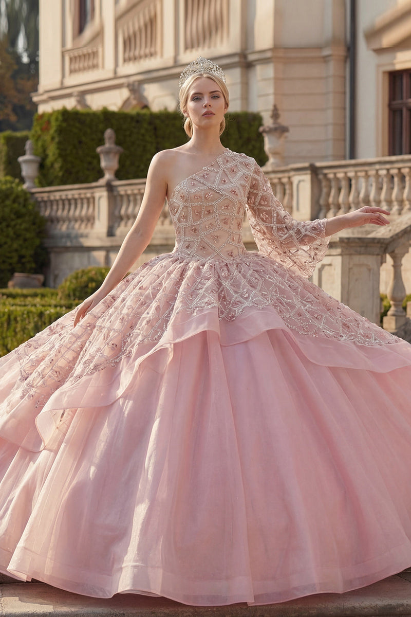 Load image into Gallery viewer, One Shoulder Princess Sparkly Pink Beaded Long Quinceanera Dress with Ruffles