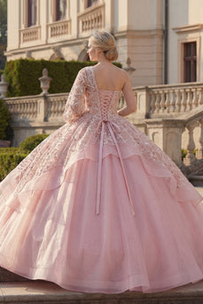 One Shoulder Princess Sparkly Pink Beaded Long Quinceanera Dress with Ruffles