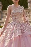 Load image into Gallery viewer, One Shoulder Princess Sparkly Pink Beaded Long Quinceanera Dress with Ruffles