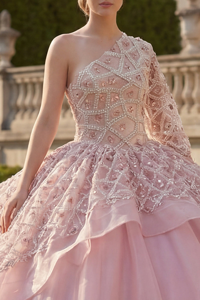 Load image into Gallery viewer, One Shoulder Princess Sparkly Pink Beaded Long Quinceanera Dress with Ruffles