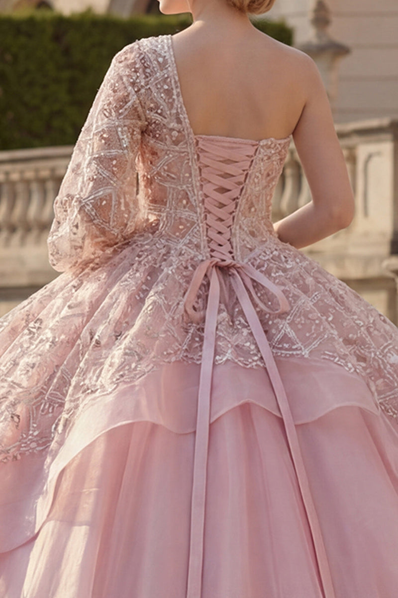 Load image into Gallery viewer, One Shoulder Princess Sparkly Pink Beaded Long Quinceanera Dress with Ruffles