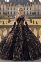 Load image into Gallery viewer, Sequin One Shoulder Black Princess Beaded Long Quinceanera Dress