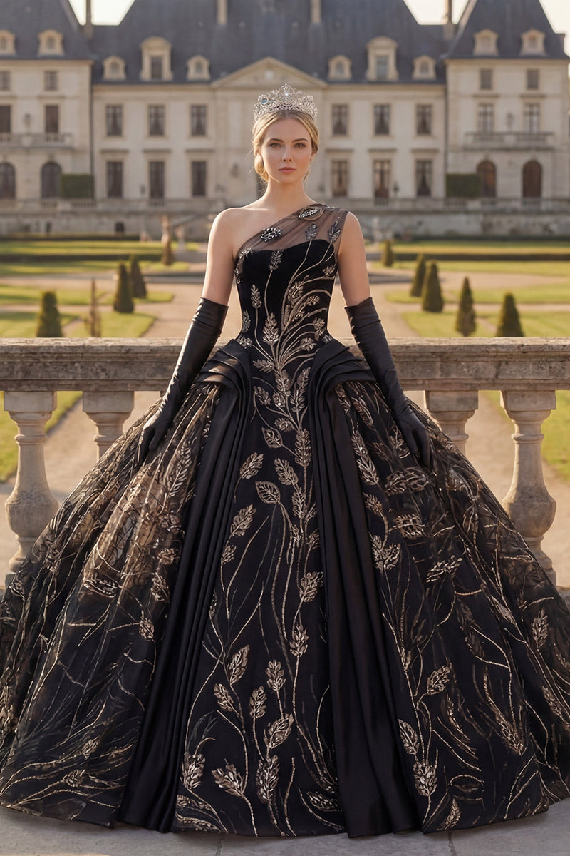 Load image into Gallery viewer, Sequin One Shoulder Black Princess Beaded Long Quinceanera Dress