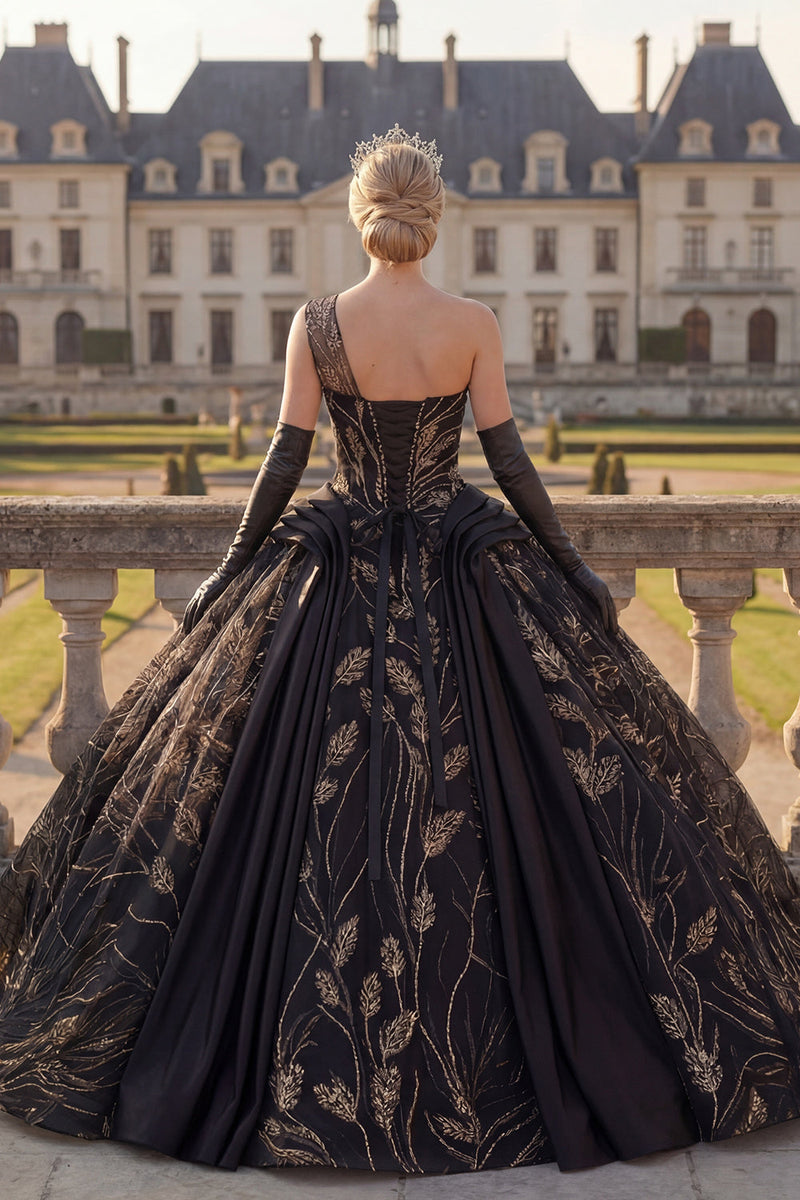 Load image into Gallery viewer, Sequin One Shoulder Black Princess Beaded Long Quinceanera Dress