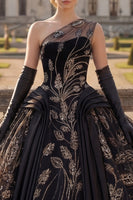 Load image into Gallery viewer, Sequin One Shoulder Black Princess Beaded Long Quinceanera Dress