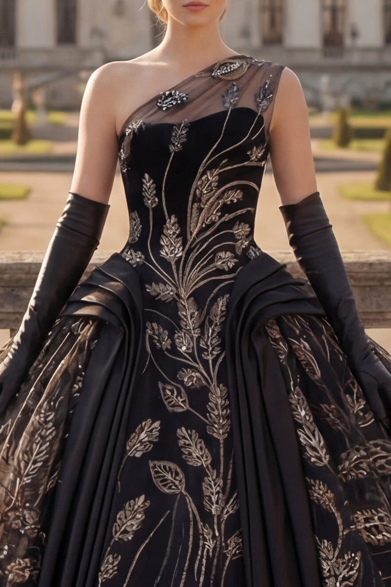Load image into Gallery viewer, Sequin One Shoulder Black Princess Beaded Long Quinceanera Dress