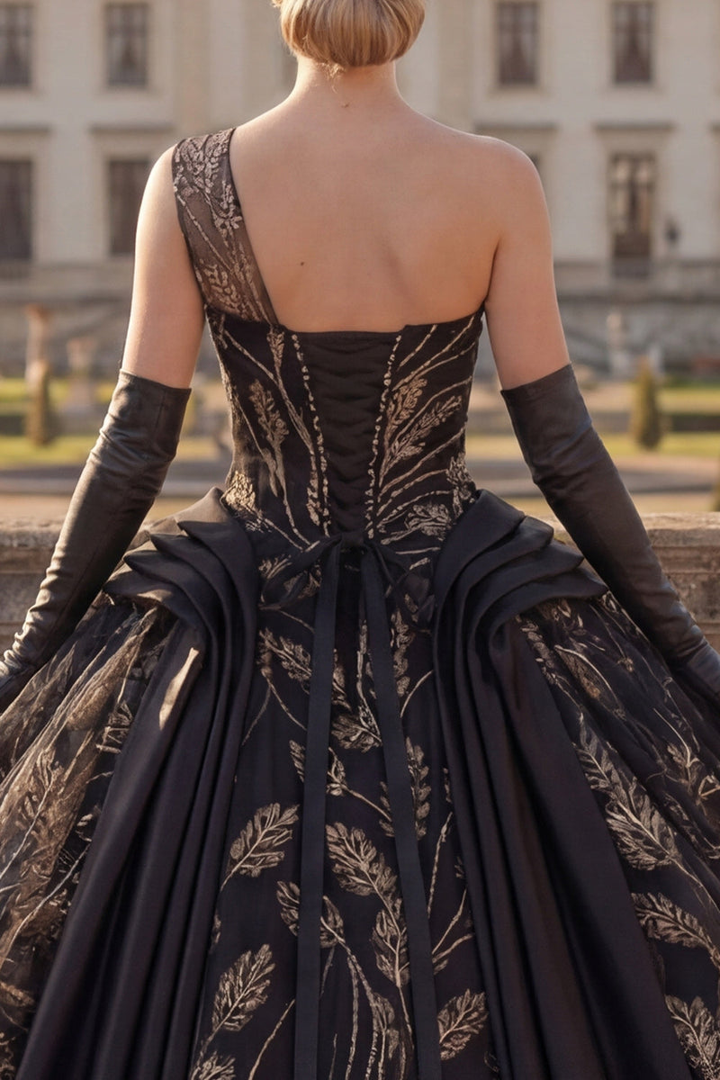 Load image into Gallery viewer, Sequin One Shoulder Black Princess Beaded Long Quinceanera Dress