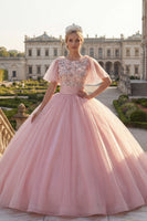 Load image into Gallery viewer, Flutter Sleeves Pink Princess Floral Glitter Long Beaded Quinceanera Dress