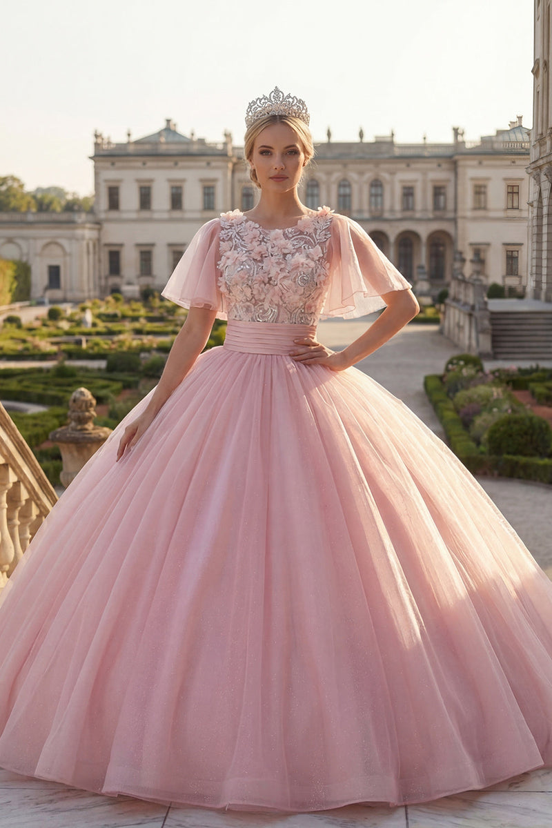 Load image into Gallery viewer, Flutter Sleeves Pink Princess Floral Glitter Long Beaded Quinceanera Dress