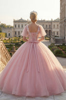 Load image into Gallery viewer, Flutter Sleeves Pink Princess Floral Glitter Long Beaded Quinceanera Dress