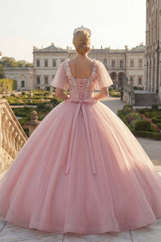 Flutter Sleeves Pink Princess Floral Glitter Long Beaded Quinceanera Dress