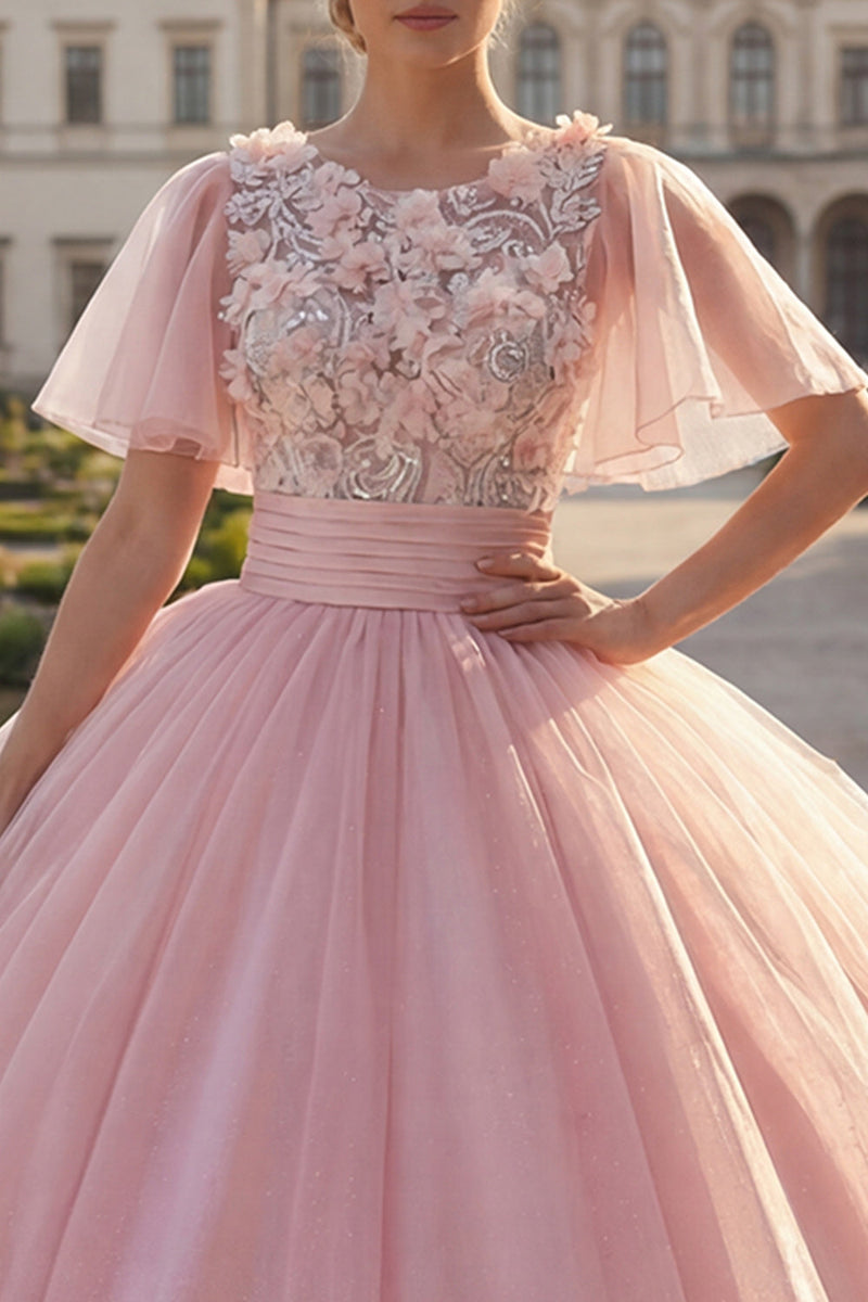 Load image into Gallery viewer, Flutter Sleeves Pink Princess Floral Glitter Long Beaded Quinceanera Dress