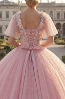 Load image into Gallery viewer, Flutter Sleeves Pink Princess Floral Glitter Long Beaded Quinceanera Dress
